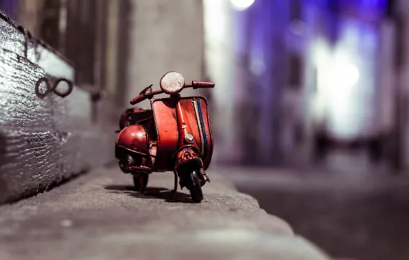 Picture macro, night, street, model, toy, moped, border, shooting