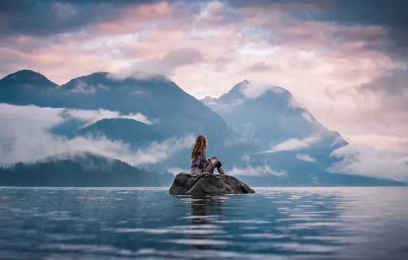 Picture girl, landscape, mountains, stone, view, dal, island, Silent Moment