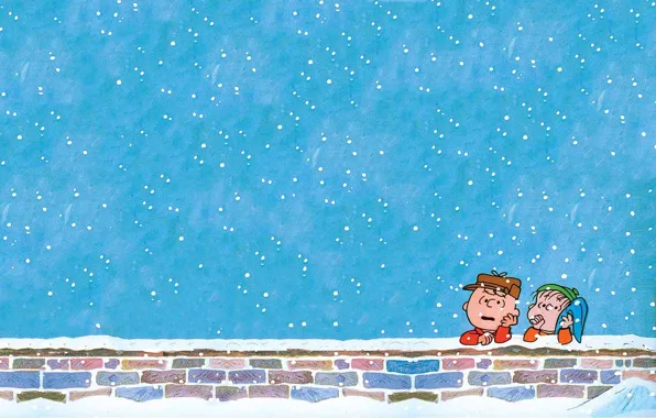 Snow, wall, Christmas, bricks, Christmas, boys, Charlie Brown, Charlie Brown