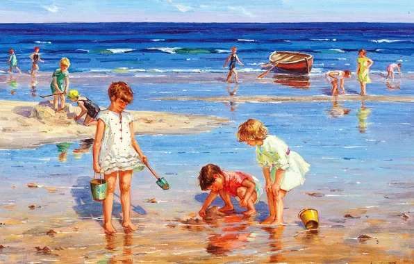 Water, Sea, Beach, Children, Picture, Girls, Boys, Hungarian artist