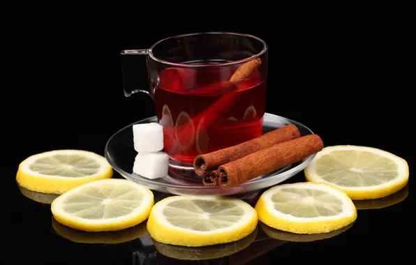 Reflection, table, lemon, tea, mug, sugar, drink, cinnamon