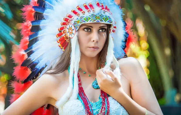 Picture eyes, look, girl, face, feathers, headdress