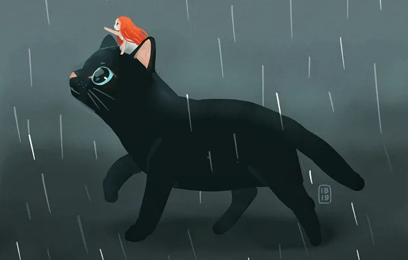 Rain, fantasy, girl, black cat