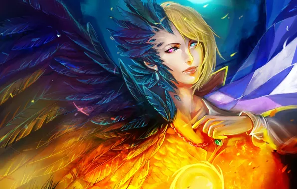 Girl, bird, balls, magic, wings, feathers