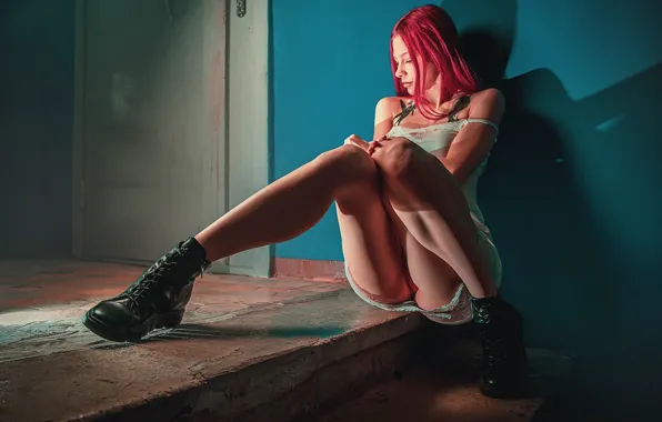 Women, redhead, boots, stairs, white clothing, Evgeni Ivanov