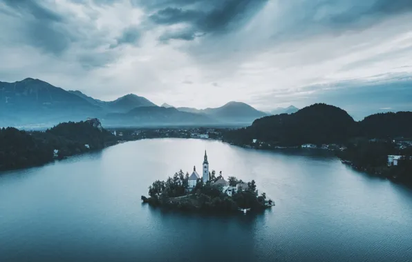 Mountains, island, Slovenia, Lake bled