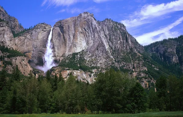 The sky, grass, mountains, nature, waterfall