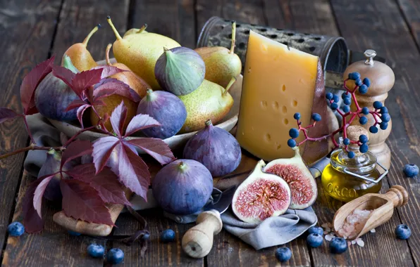 Leaves, berries, cheese, grapes, still life, pear, blueberries, figs
