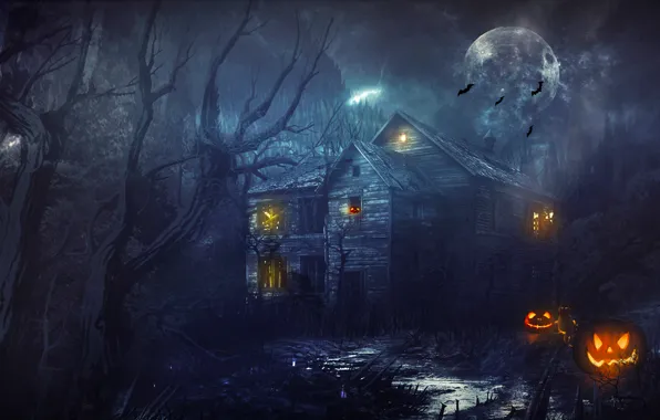 Forest, trees, house, the moon, pumpkin, Halloween, halloween, bats
