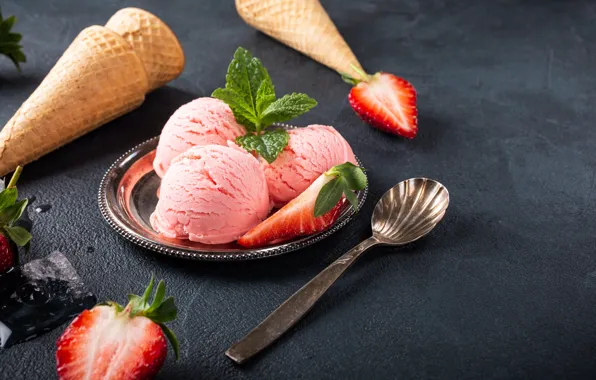 Ice cream, horn, dessert, strawberry, waffle, Iryna Melnyk