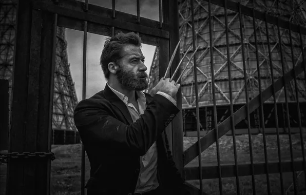 Look, the fence, the atmosphere, claws, male, Logan, beard, Wolverine