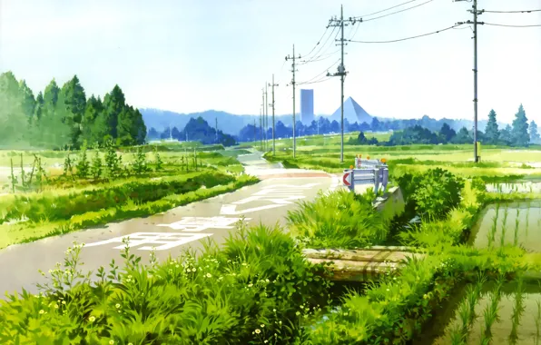 Road, the sky, grass, stream, posts, wire, Japan, pyramid