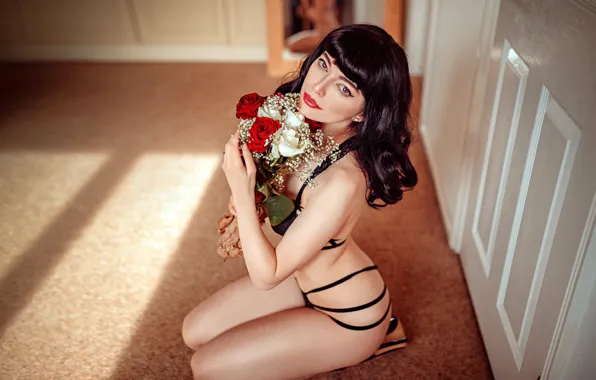 Look, flowers, pose, room, model, roses, bouquet, makeup
