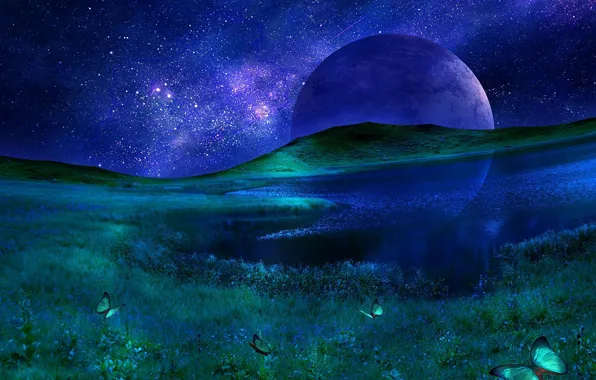 Picture the sky, grass, stars, mountains, night, lake, reflection, planet
