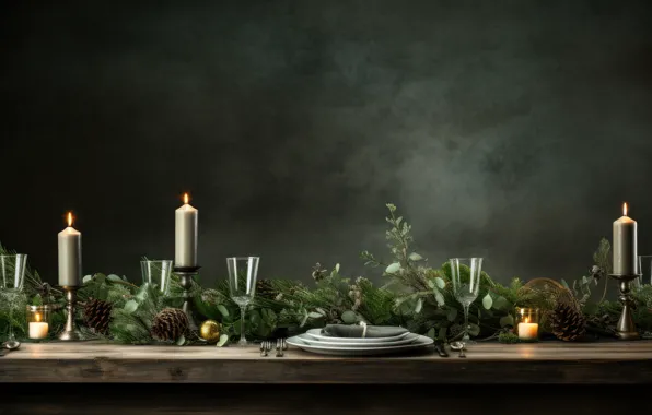 Branches, wall, interior, candles, glasses, Christmas, plates, dishes