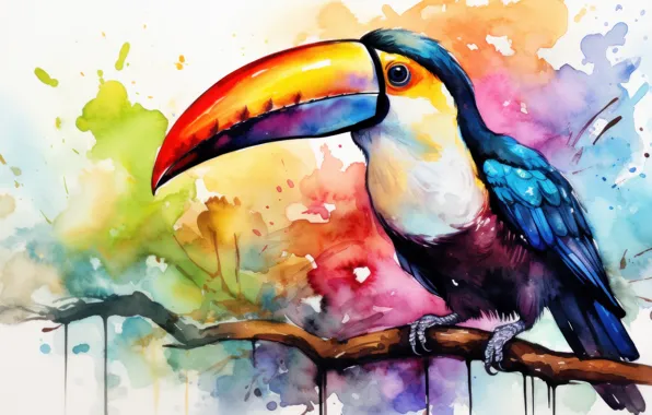 Bird, branch, divorce, watercolor, painting, Toucan, bright colors, imitation of watercolor