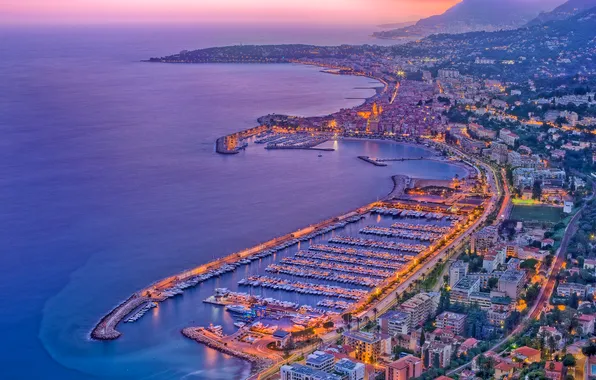 Sunset, lights, the ocean, France, home, the evening, port, resort