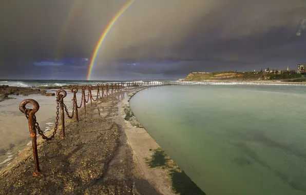 Sea, the sky, clouds, shore, rainbow, pierce, chain, fencing