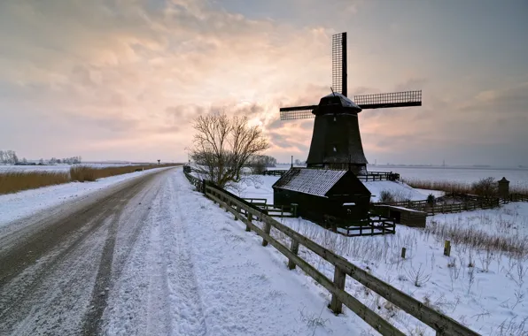Winter, road, landscape, sunset, mill