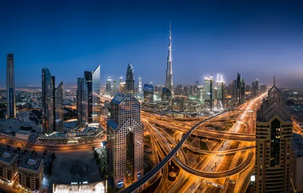 Building, road, panorama, Dubai, night city, Dubai, skyscrapers, UAE