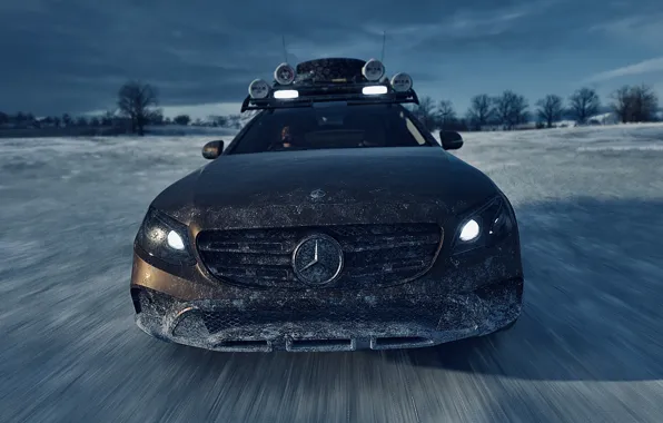 HDR, Mercedes, Benz, Clouds, Winter, Landscape, Lights, Snow