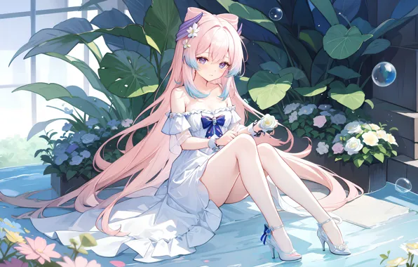 Look, flowers, plants, dress, shoes, Genshin Impact, Genshin Impact, Sangonomiya Kokomi