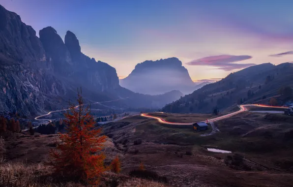 Road, autumn, forest, mountains, lights, fog, hills, the slopes