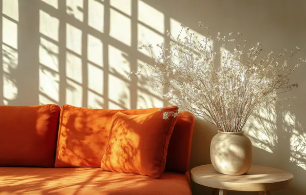 Light, flowers, orange, comfort, house, room, sofa, wall