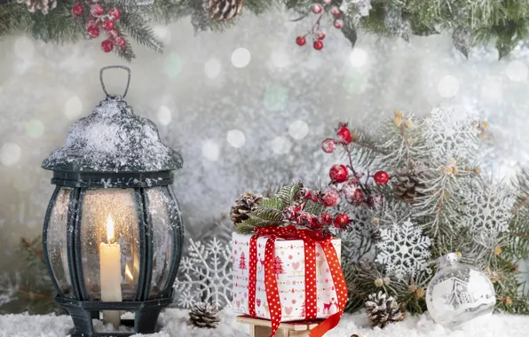Winter, snow, branches, toys, ate, Lantern, gifts, New year