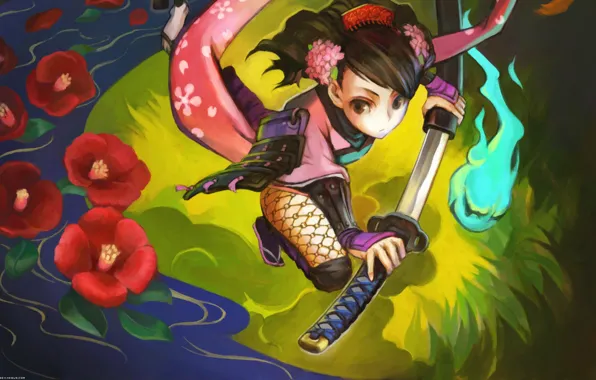 Picture spirit, katana, armor, momohime, if murama, the demon blade, red Camellia