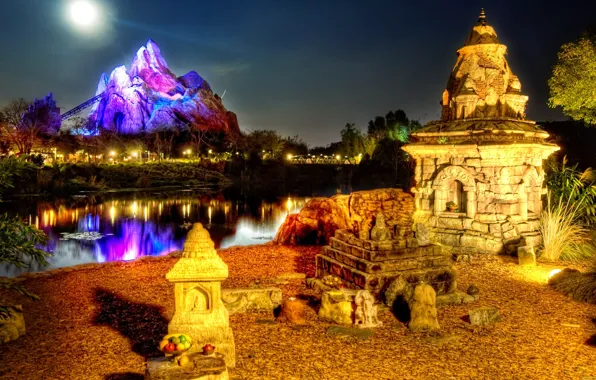 The sky, trees, night, lights, river, the moon, Asia, mountain