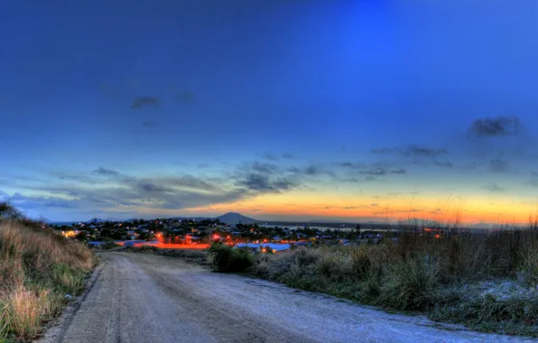 Road, the sky, sunset, the city, lights, the evening