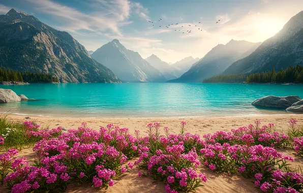 Picture clouds, mountains, lake, shore, wallpaper, coast, mountains, clouds