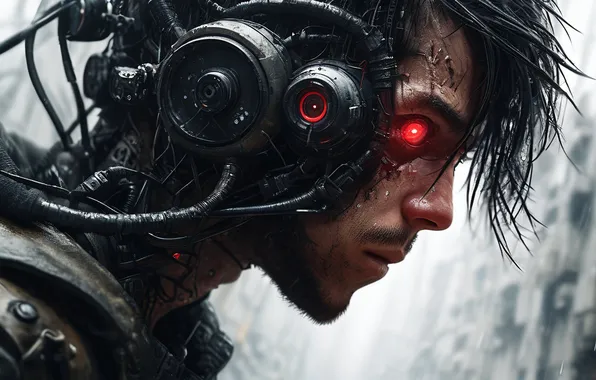 Rain, guy, cyborg, red eye