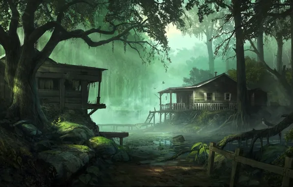 Picture bird, swamp, moss, hut, fairy forest, abandoned house, the roots of the tree