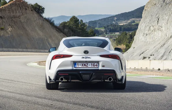 White, hills, coupe, back, Toyota, track, Supra, the fifth generation
