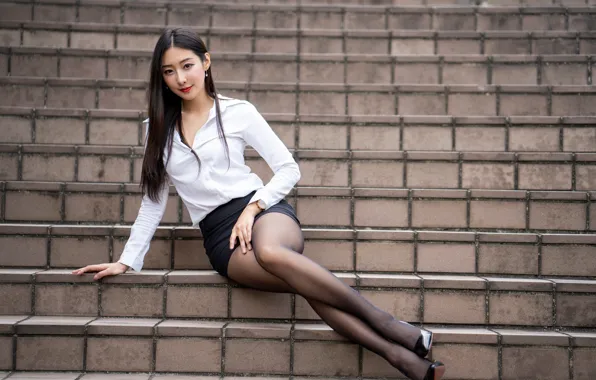 Pose, smile, mini skirt, Asian, beautiful girl, smile, beautiful girl, asian