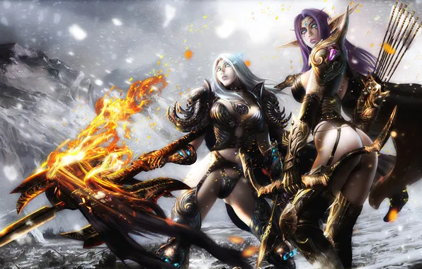 Picture snow, mountains, weapons, fire, Girls, armor, bow, elf