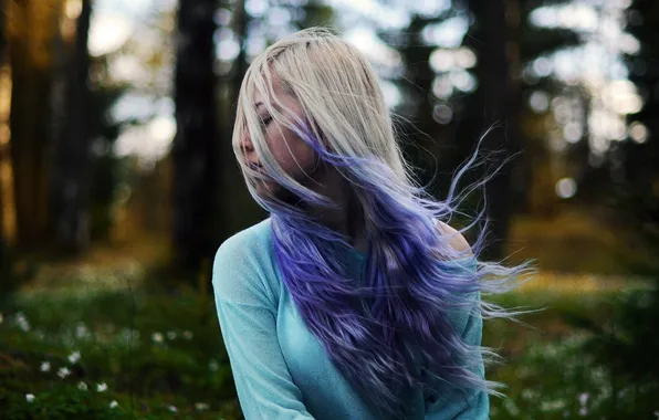 Forest, flowers, hair, forest, flowers, hair, purple-blonde hair, purple-blonde hair