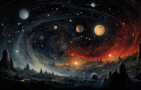 Stars, mountains, balls, planet, mountains, stars, cosmos, planets