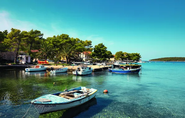 Sea, palm trees, coast, boats, pier, promenade, Croatia, Split