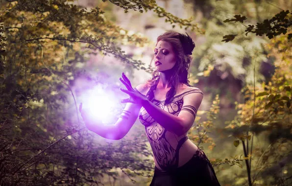 Forest, girl, light, magic, fairy, ornament, sorceress, painting