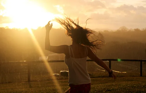 Picture the sky, girl, the sun, trees, rain, hair, the fence, dance