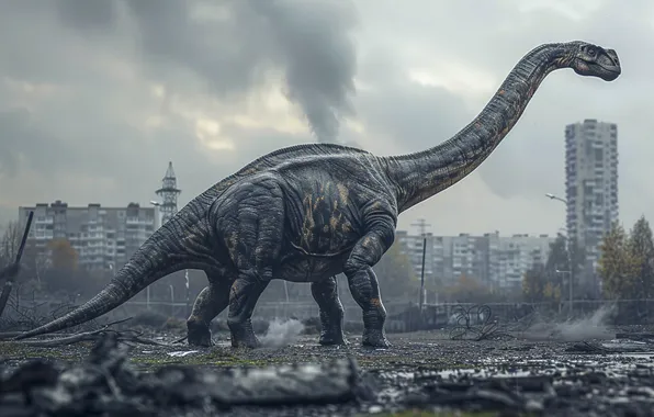 The city, Building, Dinosaur, Animal, Digital art, Ancient animals, Extinct animals, Prehistoric