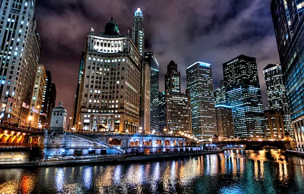 Night, the city, lights, Chicago, USA