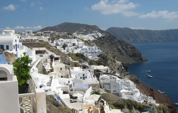 The sky, ships, Santorini, Greece, The Aegean sea, rocky shore, white houses