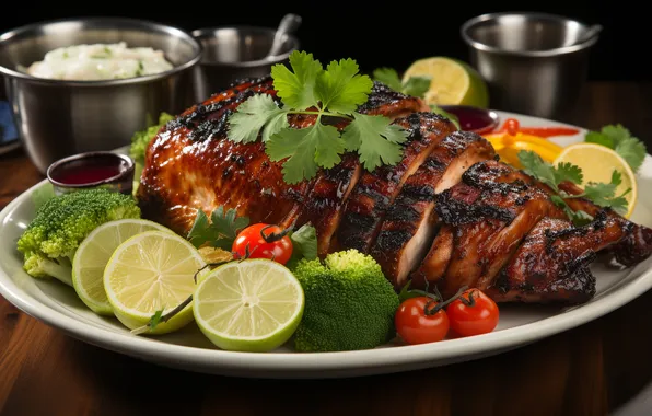 Greens, the dark background, meat, dishes, lime, tomatoes, parsley, lemons