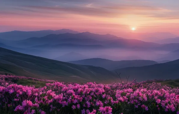 The sun, clouds, flowers, mountains, fog, dawn, hills, the slopes