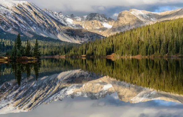 Picture forest, mountains, reflection, Colorado, Colorado, Long Lake, Indian Peaks Wilderness, Navajo Peak
