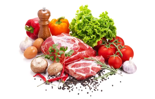 Picture mushrooms, eggs, meat, white background, pepper, tomatoes, salad, spices